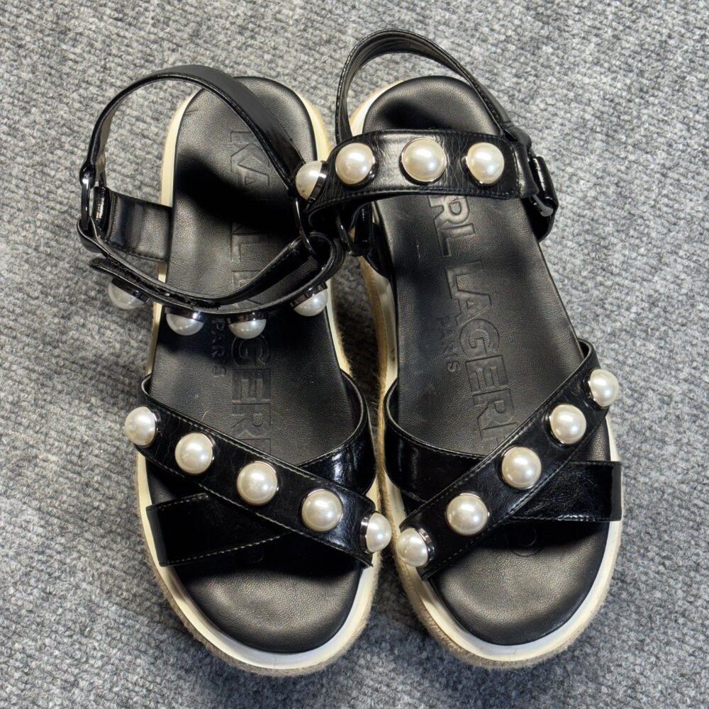 Karl Lagerfeld Womens Black Platform Espadrille Sandals Pearl Ankle Strap 7M - Picture 11 of 13